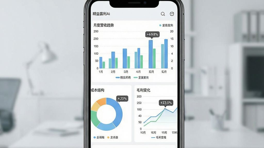 一张展示精益赢利Ai数据看板功能的界面示意图,主体为手机屏幕内的多组柱状图与环形占比图,布局上图表呈两行排列,上方为月度营收趋势柱状图,下方左侧为成本结构环形图、右侧为毛利变化折线图,排版整齐对称,风格为清爽浅色商务风,细节包含“精益赢利Ai”小字标识、图例标签、坐标轴刻度与数据提示气泡,画质清晰,画面干净,无多余元素