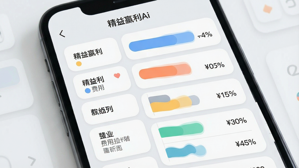 一张展示精益赢利Ai成本拆解功能的界面图,主体为手机屏幕内的费用分类列表与占比条形图,布局上左侧为分类条目、右侧为对应条形长度与百分比,排版采用卡片式纵向排列,风格为柔和圆角浅灰质感,细节包含“精益赢利Ai”标题栏、各费用类别名称、金额数字与颜色区分标识,画质高清,画面干净,无多余元素