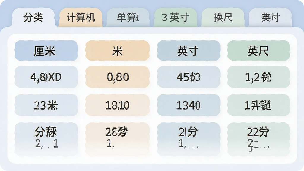 小全能计算机单位换算功能展示图,界面中显示长度换算列表,厘米、米、英寸、英尺等单位并排排列,数值清晰可读,顶部有分类标签栏,整体配色柔和,布局规整,画质清晰