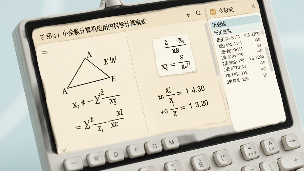 小全能计算机应用内科学计算模式界面特写,屏幕上显示三角函数公式与运算结果,旁边有历史记录侧边栏,背景为浅色护眼主题,按键带有轻微立体质感,画面干净整洁,画质细腻