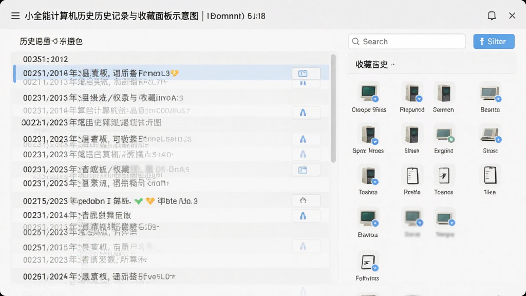 小全能计算机历史记录与收藏面板示意图,屏幕左侧为按日期分组的历史条目列表,右侧为收藏快捷入口,界面带有搜索框与筛选按钮,风格清爽,文字排版整齐,画质干净