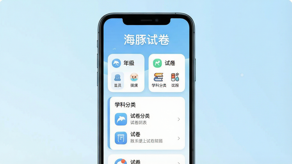 一张展示海豚试卷应用主界面的手机截图风格插画,画面中央是一部竖屏手机,屏幕上显示“海豚试卷”四个字作为应用标题,下方排列着年级选择、学科分类、试卷列表等卡片式模块,整体布局清晰有序,背景为浅蓝色渐变,风格简洁现代,细节上突出卡片圆角与图标设计,画质干净清晰,无多余元素