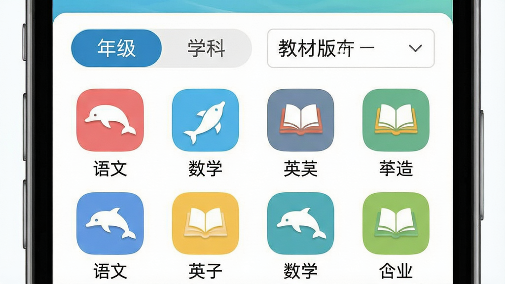 一张表现海豚试卷学科分类功能的界面示意图,画面中手机屏幕展示年级选项卡与学科图标网格,语文、数学、英语等学科以彩色图标形式排列,旁边有教材版本下拉菜单,整体风格清新明亮,布局采用上下结构,细节上突出图标与文字的清晰度,画质干净利落,无杂乱装饰