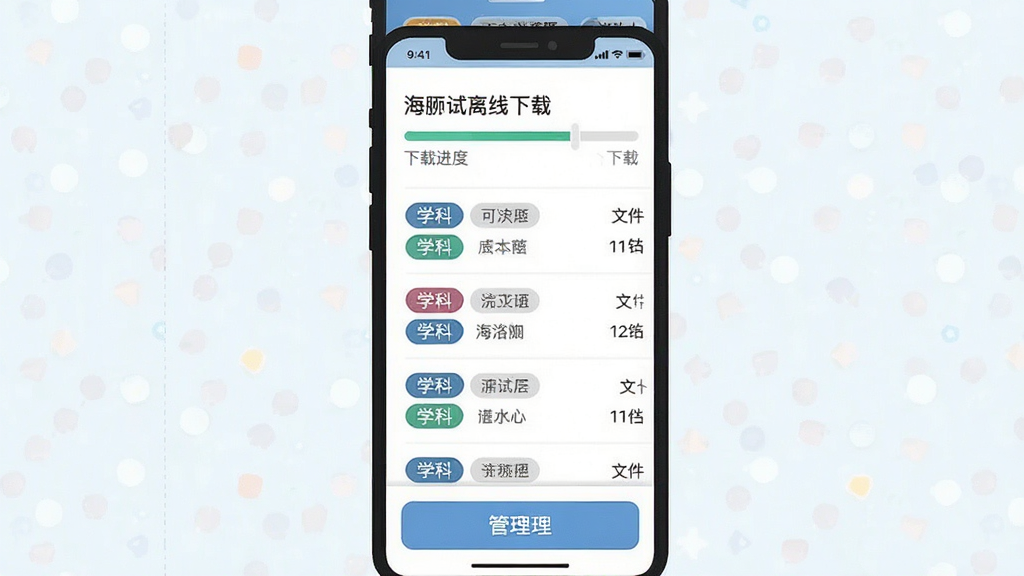 一张展示海豚试卷离线下载与本地管理功能的界面插画,画面中手机屏幕显示下载进度条与已下载试卷列表,列表项带有学科标签与文件大小信息,底部有管理按钮,整体风格偏向工具类应用的简洁设计,布局为纵向列表结构,细节上突出进度条与标签的视觉层次,画质清晰干净,无多余元素