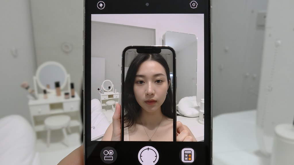 小镜子Pro美妆自拍预览图:主体是一部手机屏幕显示镜面自拍界面,布局为居中展示手机与镜面反射效果,排版简洁上下留白,风格清新现代,细节包含化妆台图标和私密相册计算器图标,画质清晰干净无多余元素