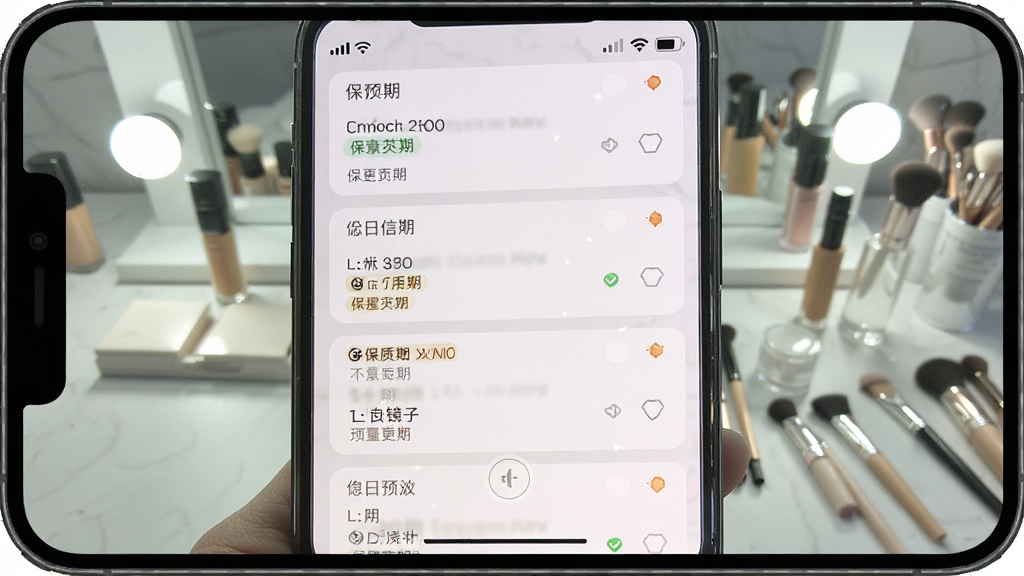 小镜子Pro美妆自拍预览图:主体是化妆台界面手机截图,布局为列表式展示化妆品信息卡片,排版整齐分区明确,风格清爽浅色,细节包含保质期标签和提醒图标,画质清晰干净无多余元素