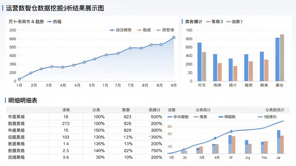 运营数智仓数据挖掘分析结果展示图,主体为统计图表与数据表格组合,布局上下分区上方折线图下方明细表,排版清晰,风格素雅简约,细节包含趋势曲线和分类统计柱状图,画质清晰干净无多余元素