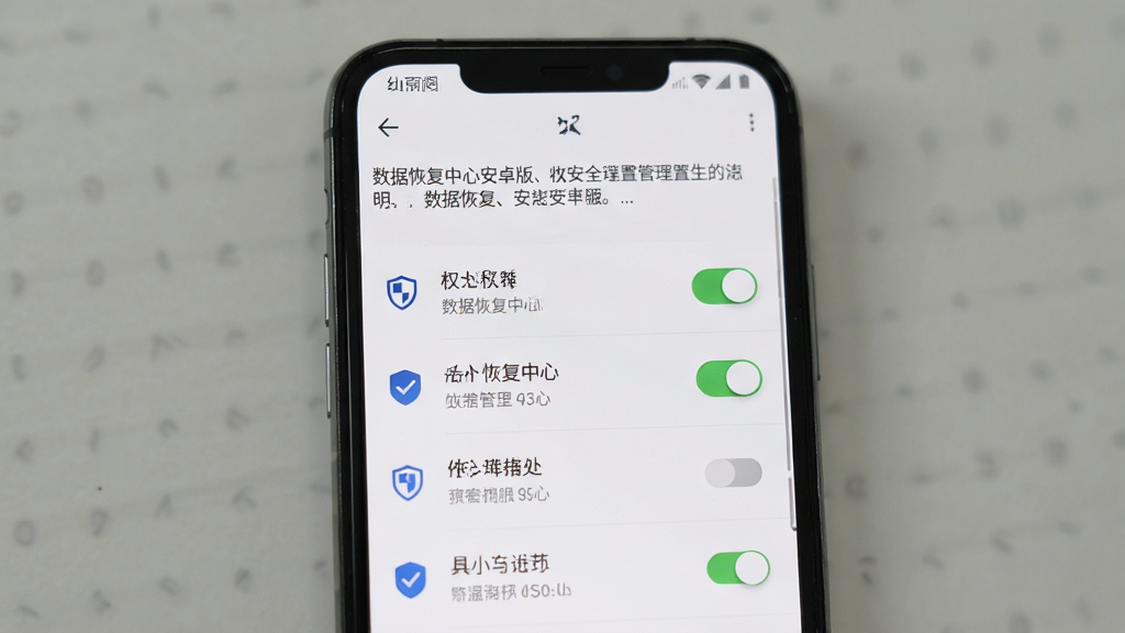 数据恢复中心安卓版隐私安全设置页面,主体为手机屏幕展示权限管理列表,布局顶部说明文字下方开关选项,排版纵向排列,风格素雅极简,细节包含盾牌图标与权限条目,画质清晰干净无多余元素