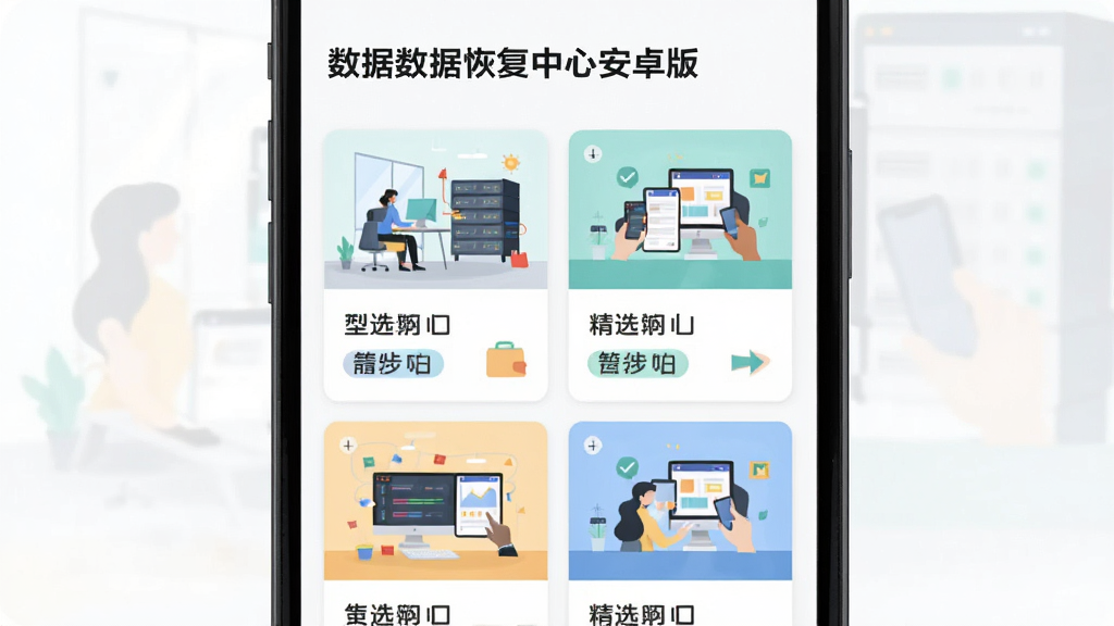 数据恢复中心安卓版精选案例页面,主体为手机屏幕展示案例卡片列表,布局顶部标题下方多张卡片,排版两列网格,风格清新扁平化,细节包含场景插画与步骤标签,画质清晰干净无多余元素