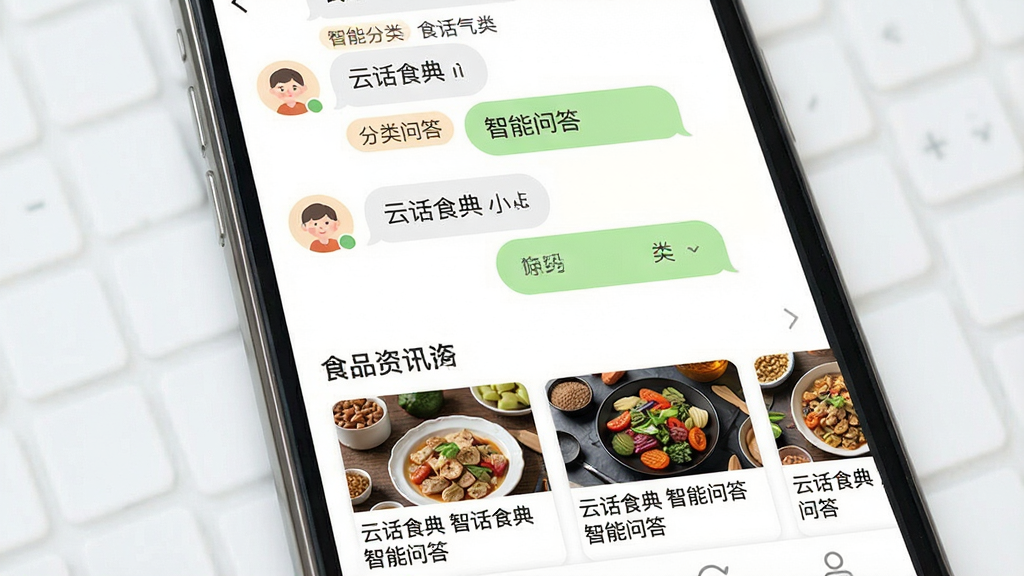 主体为手机屏幕特写,展示云话食典的智能问答对话列表与食品资讯卡片;布局为上下分区,上半屏对话气泡,下半屏横向滑动的资讯缩略图;排版整齐,文字为“云话食典 智能问答”;风格为扁平化移动端UI;细节包含浅色卡片、圆形头像、分类标签;画质清晰,干净,无多余元素