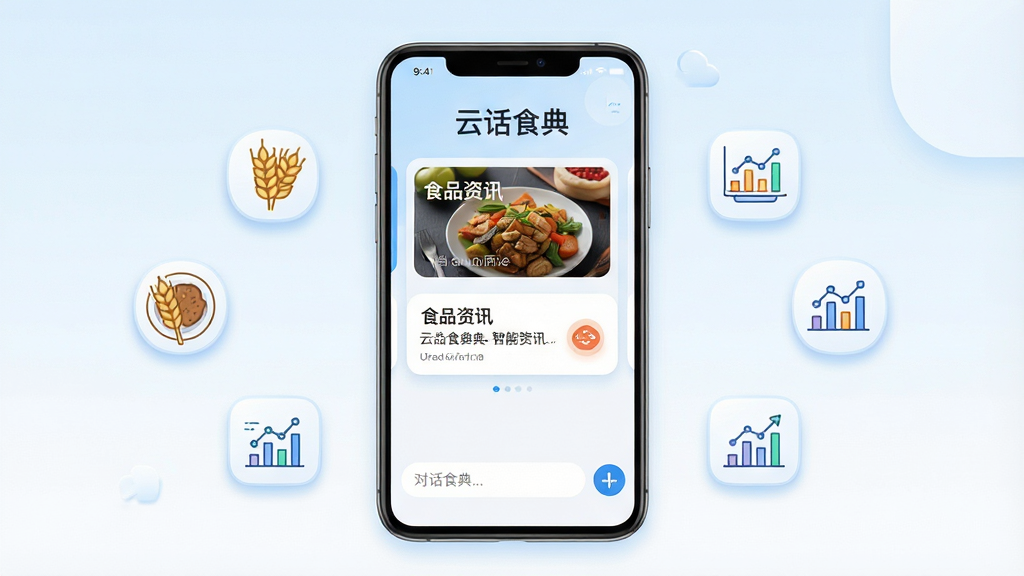 主体为一部竖屏安卓手机,屏幕中央显示食品行业智能问答界面,上方是食品资讯卡片,下方是对话输入框;布局采用居中对称构图,手机两侧点缀小麦、餐盘、数据图表等小图标;排版简洁清晰,标题文字为“云话食典”;风格为清爽科技风,浅蓝白渐变背景;细节包含圆角卡片、柔和阴影、图标描边统一;画质高清,干净,无多余元素