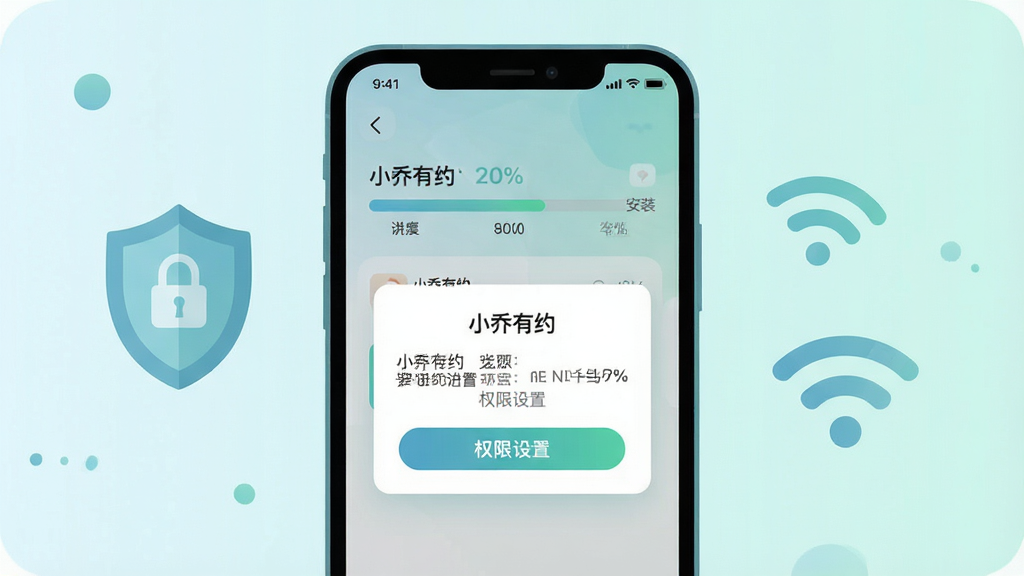 一张展示手机屏幕的示意图,画面中显示“小乔有约”应用安装进度条与权限设置弹窗,旁边配有盾牌图标和WiFi信号标识,布局为左右分栏,风格为扁平化科技插画,细节包括清晰的按钮文字、进度百分比和柔和的蓝绿色调,画质高清,画面干净,无多余元素