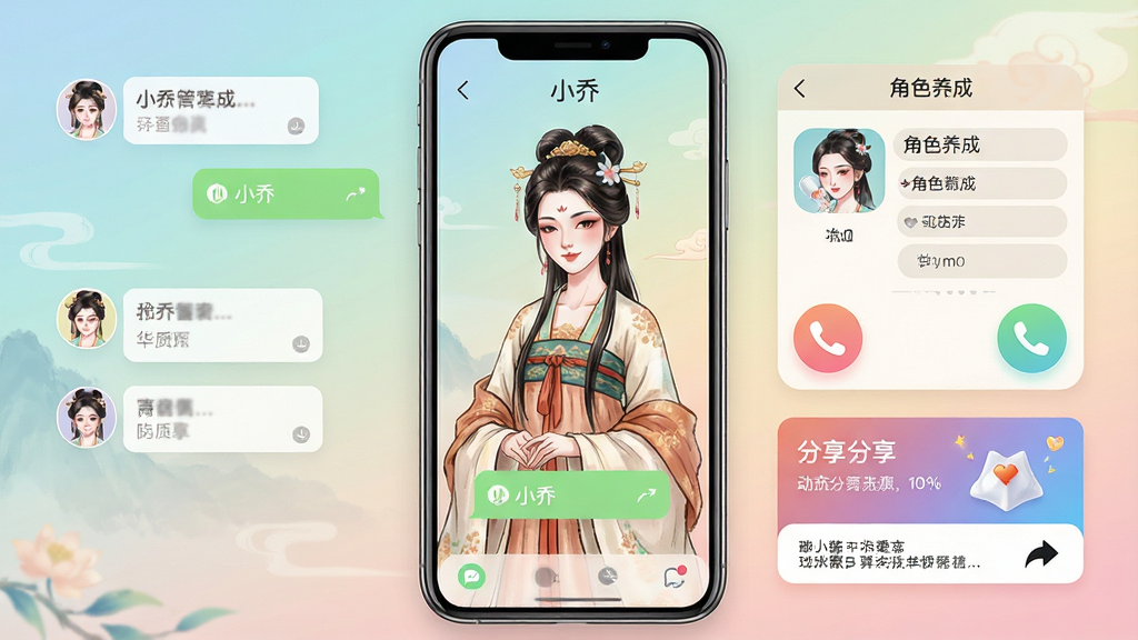 一张展示移动端应用界面的全景图,画面中央是古风装扮的少女“小乔”形象,周围环绕着聊天对话框、角色养成面板、语音通话图标和动态分享卡片,布局清晰有序,风格为清新国风与扁平化UI结合,细节包括柔和的渐变背景、圆角图标和细腻的人物笔触,画质高清,画面干净,无多余元素