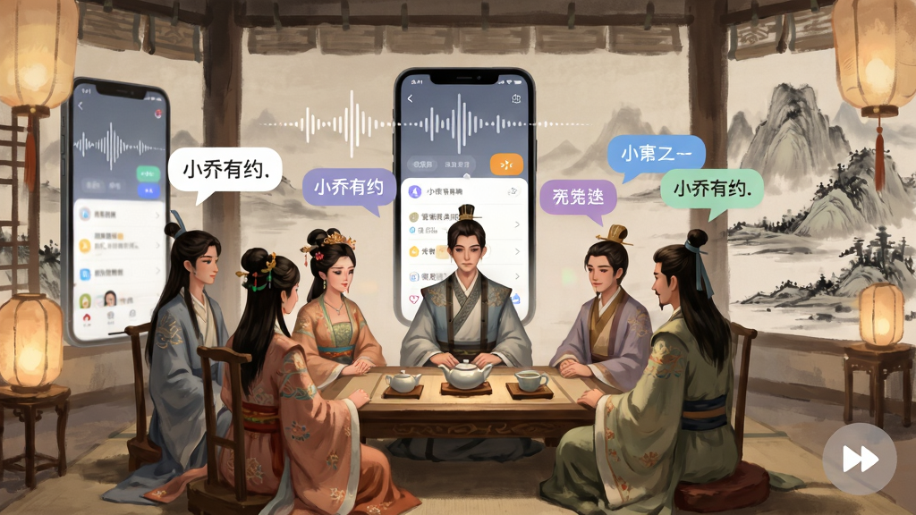 一幅展现“小乔有约”语音聊天场景的插画,画面主体为多位古风人物围坐于虚拟茶室中,头顶悬浮着语音波形与对话气泡,背景融合现代手机界面元素与水墨山水,布局采用中心对称构图,风格为唯美国风插画,细节包括精致的服饰纹样、柔和的灯光氛围和清晰的UI图标,画质细腻,画面干净,无多余元素