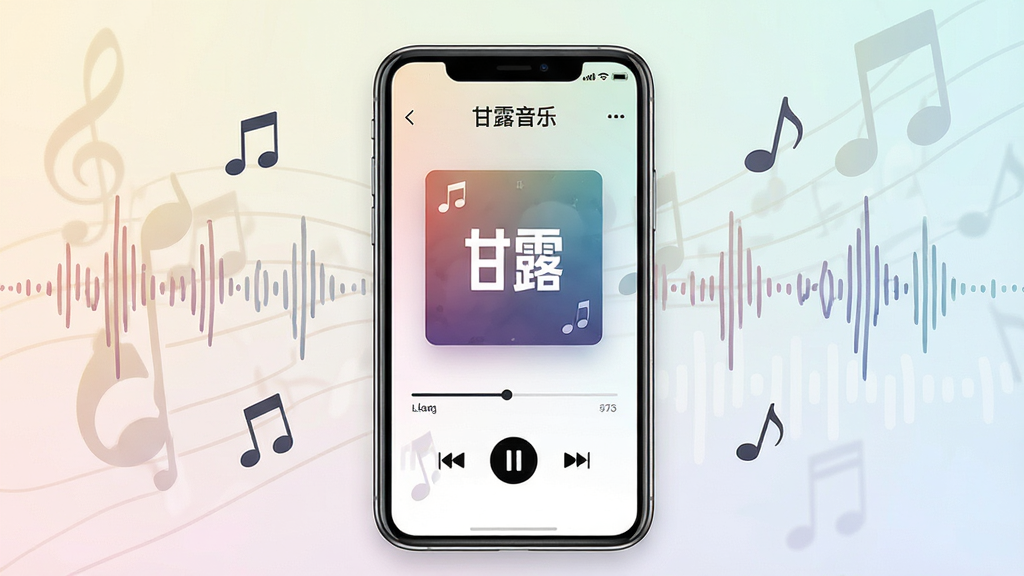画面中央放置一部智能手机,手机屏幕上显示“甘露音乐”播放界面,界面包含专辑封面、播放进度条与播放控制按钮,背景为浅色渐变音乐主题,四周点缀漂浮的音符与声波线条,整体风格清爽简约,细节清晰,画质干净锐利,无多余元素