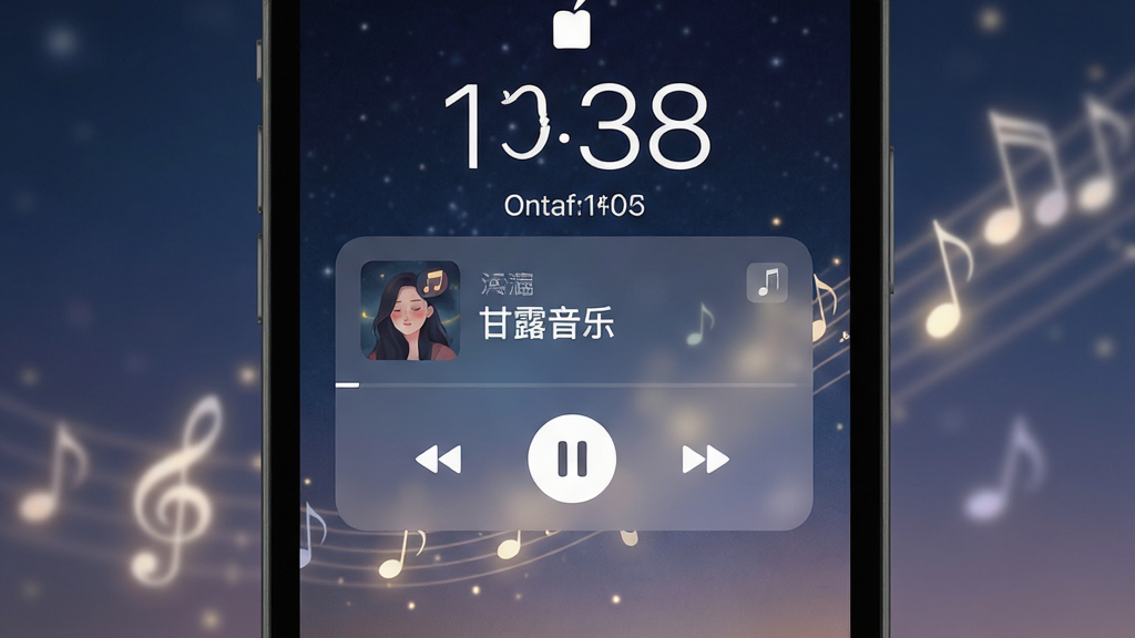画面展示手机锁屏界面,锁屏中央显示“甘露音乐”播放卡片,包含歌曲名与播放暂停按钮,背景为柔和夜色与音符光点,风格安静舒适,细节清晰,画质干净,无多余元素