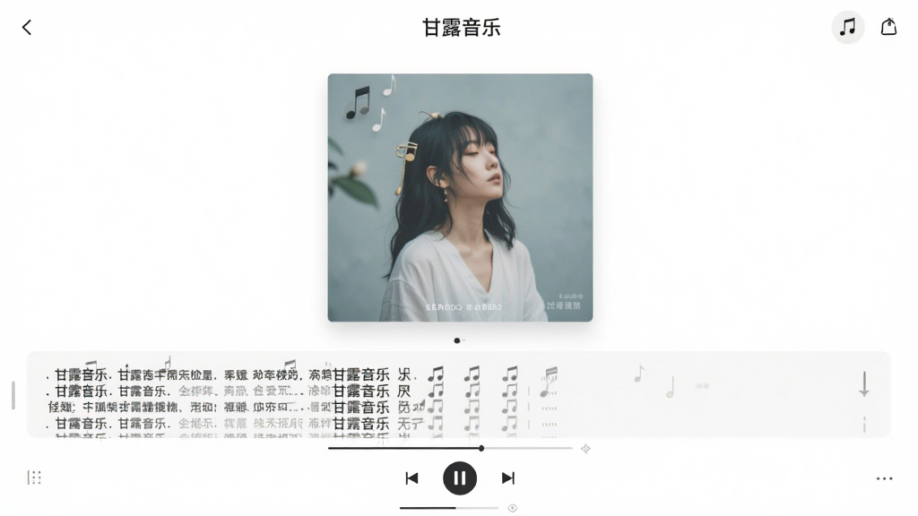 画面为“甘露音乐”播放详情页界面展示,大尺寸专辑封面居中,下方为歌词滚动区域与播放控制按钮,界面留白充足,风格清新淡雅,细节清晰,画质干净,无多余元素