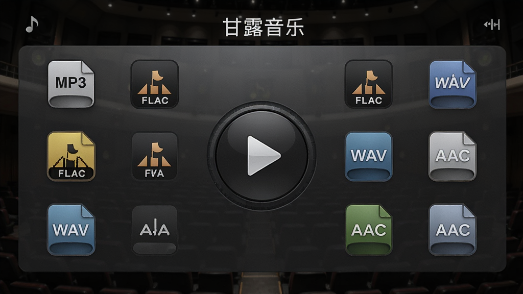 画面中心为“甘露音乐”播放控制面板特写,面板上显示多种音频格式图标MP3、FLAC、WAV、AAC环绕排列,播放按钮位于中央,背景为深色音乐厅氛围,风格现代,细节精致,画质清晰干净,无多余元素