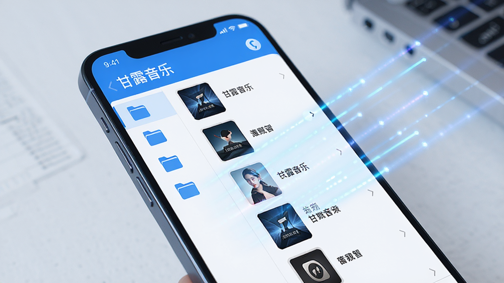 画面展示手机屏幕内“甘露音乐”曲库列表界面,左侧为文件夹分类图标,右侧为歌曲条目,屏幕外有扫描光效掠过手机存储空间,风格科技简洁,色调以蓝白为主,细节清晰,画质干净,无多余元素