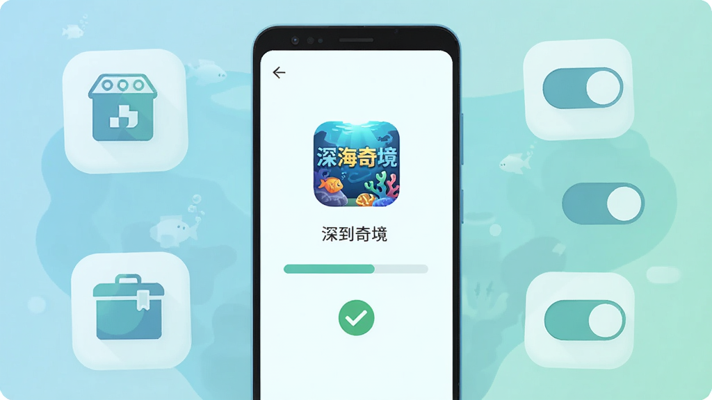 主体为一部安卓手机屏幕显示深海奇境游戏安装完成界面,布局为手机居中、周围环绕存储空间图标与权限开关示意,排版简洁,风格为科技扁平插画,细节包含“深海奇境”游戏图标、进度条、勾选标记与柔和蓝绿色调,画质清晰、干净、无多余元素
