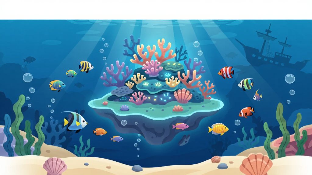 主体为一片蔚蓝深海场景,中央漂浮着一座发光的珊瑚礁岛屿,周围环绕着五彩热带鱼群与柔和光柱,布局采用中心构图、上下留白,排版清爽,风格为治愈系扁平插画,细节包含气泡、海草、贝壳与远处沉船剪影,画质高清、干净、无多余元素