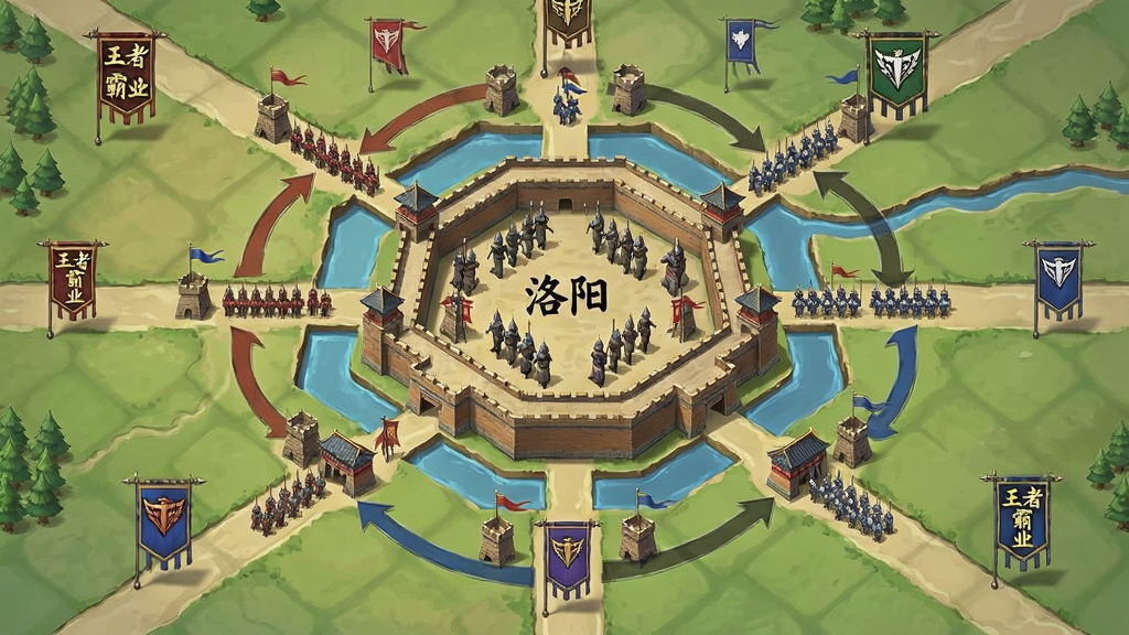 主体为一张俯视角的古代城池攻防地图,布局为中央洛阳城被多条行军路线包围,四周分布着不同颜色的阵营旗帜,排版为游戏大地图界面风格,风格为策略游戏沙盘插画,细节包括城墙、护城河、箭塔、行军中的士兵方阵、联盟旗帜上的“王者霸业”字样,画质清晰,画面干净,无多余元素