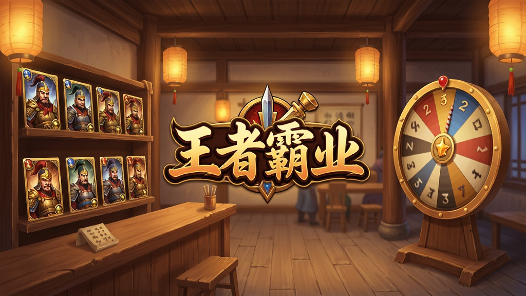 画面主体为一座灯火通明的古代酒馆内部,布局为左右对称,左侧是排列整齐的武将卡牌展示架,右侧是正在招募的转盘界面,排版突出中央的“王者霸业”游戏Logo,风格为暖色调国风游戏UI插画,细节包括木质柜台、悬挂的灯笼、卡牌上隐约可见的武将头像,画质精细,画面干净,无多余元素