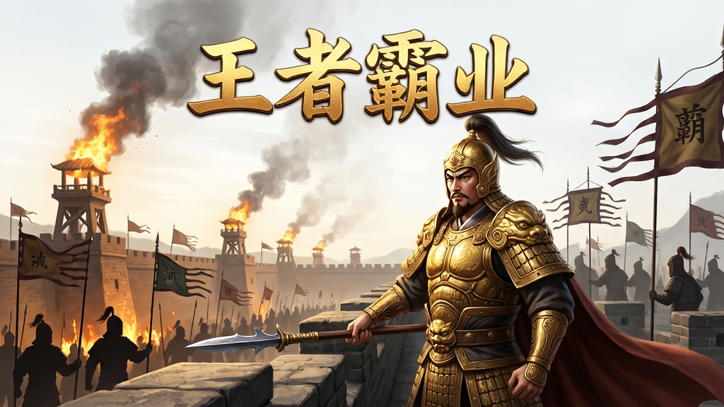 主体为一位身披金甲的三国风格武将站在城墙之上俯瞰战场,布局采用居中构图,上方留白放置游戏名称“王者霸业”四个金色大字,排版为竖版海报风格,风格为写实国风CG插画,细节包括远处燃烧的烽火台、飘扬的旌旗、手持长枪的士兵剪影,画质高清锐利,画面干净,无多余杂乱元素