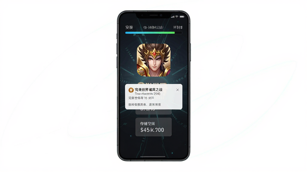完美世界:诸神之战安卓手机安装界面示意图,主体为手机屏幕显示安装进度条与游戏图标,布局为竖屏居中展示,风格简洁科技感,细节包含权限提示弹窗与存储空间数值,画质清晰干净无多余元素