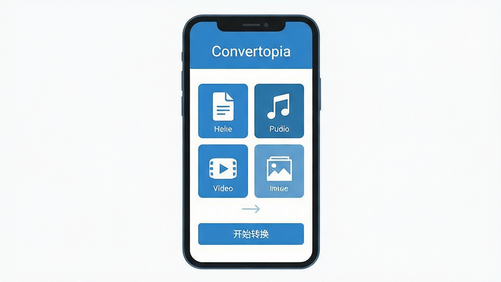 һ��չʾConvertopia������������ֻ�Ӧ�ý�ͼ���廭������������һ�����������ֻ�����Ļ����ʾ�����ļ���ʽת�����߽��棬������ConvertopiaӢ���������в������ĵ�����Ƶ����Ƶ��ͼƬ����ת�����ͼ�꣬�ײ�Ϊ��ʼת����ť���������������ɫ����ƽ��UI��Ʒ��ϸ�����������ʸɾ��������޶���װ��Ԫ��