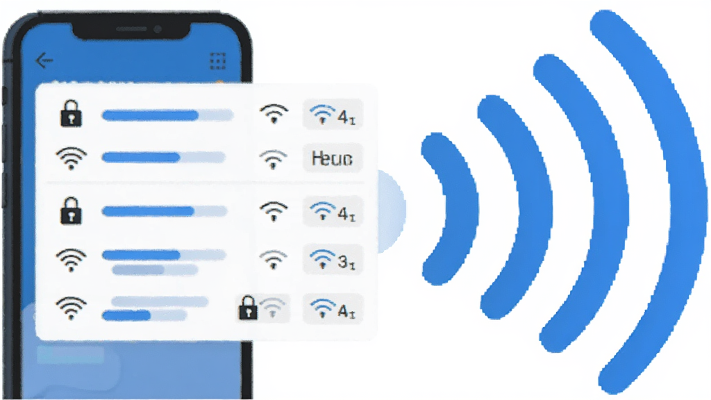 �廭���չʾ���ܳ������Զ�ɨ���ܱ����磬����Ϊ�ֻ���Ļ�������WiFi�ź��б�������Ϊ�ֻ������źŲ���������ɢ���Ű�ʺ�����Ϣ�������Ϊ��ˬ��ƽ�Ƽ��磬ϸ�ڰ�����ɫ�ź���������ͼ�ꡢ�����ǩ�����ʸɾ�����������Ԫ��