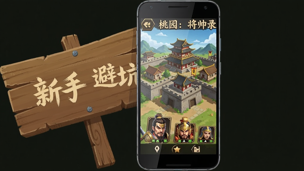 画面为一部竖屏安卓手机,屏幕中显示“桃园:将帅录”的游戏主界面,界面包含城池建筑与武将头像,手机旁边放置一个写有“新手避坑”字样的木牌,布局为手机居中、木牌斜靠左侧的构图,风格为扁平化数码插画,细节包括手机边框反光、界面UI元素、木牌纹理,画质清晰,画面干净,无多余元素