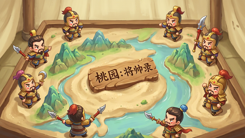 画面为一座三国风格的军帐内部,中央沙盘上摆放着“桃园:将帅录”字样的木质令牌,沙盘周围环绕着数位Q版三国武将棋子,布局为俯视视角的环形构图,风格为清新国风卡牌插画,细节包括沙盘上的山川地形、令牌纹理、武将棋子的表情与武器,画质清晰,画面干净,无多余元素