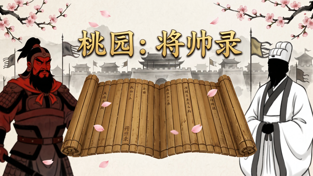 画面中央是一本摊开的竹简兵书,竹简上方悬浮着“桃园:将帅录”五个金色隶书大字,竹简两侧分别站立一位红脸长须武将和一位白袍儒将的剪影,背景是淡墨晕染的三国城池轮廓与桃花枝影,整体布局为居中对称构图,风格为国风工笔插画,细节包括竹简纹理、桃花花瓣飘落、城池旗幡,画质高清,画面干净,无多余元素
