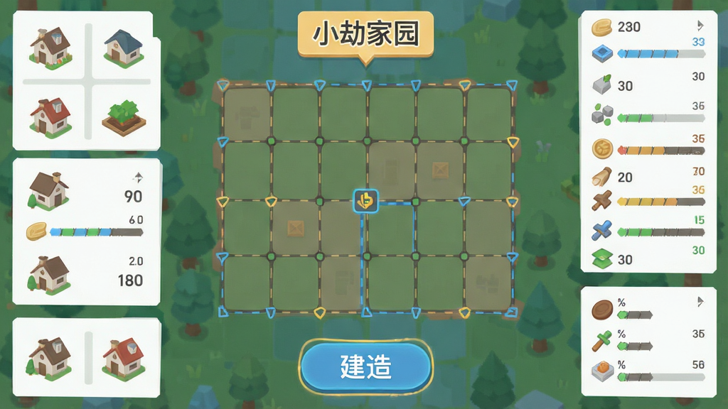 ����Ϊ���ӽǵļ�԰�滮���棬���������������񻯵ؿ顢���ֲܷ��Ų�ͬ���ܵĽ���ͼ������Դ��ֵ��壬�Ű���þ��жԳƹ�ͼ�����Ϊ��ƽ��UI���չʾͼ��ϸ�ڰ���������ʾ�Ľ��찴ť����Դ��������ؿ����ߣ������д����֡�С�ټ�԰�������������ɾ����޶���װ��Ԫ��