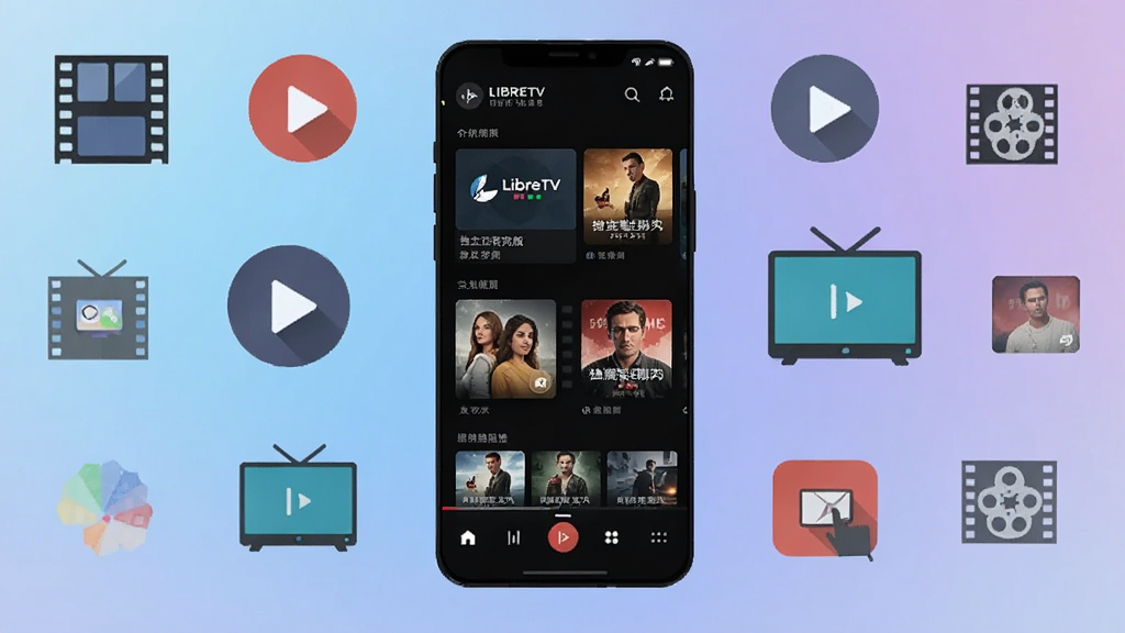�����������һ�������ֻ�����Ļ��ʾLibreTV �����о������ɫӰ�Ӳ��Ž��棬��������͵�����ɫ������Σ���ΧƯ���ŵ�Ӱ��Ƭ�����Ű�ť��������Ļ�ȱ�ƽ��ͼ�꣬���岼�־��жԳƣ����Ϊ�ִ��Ƽ��б�ƽ�廭��ϸ����ͻ�����濨Ƭ�뺣��ǽԪ�أ����������ɾ����޶���װ��Ԫ��