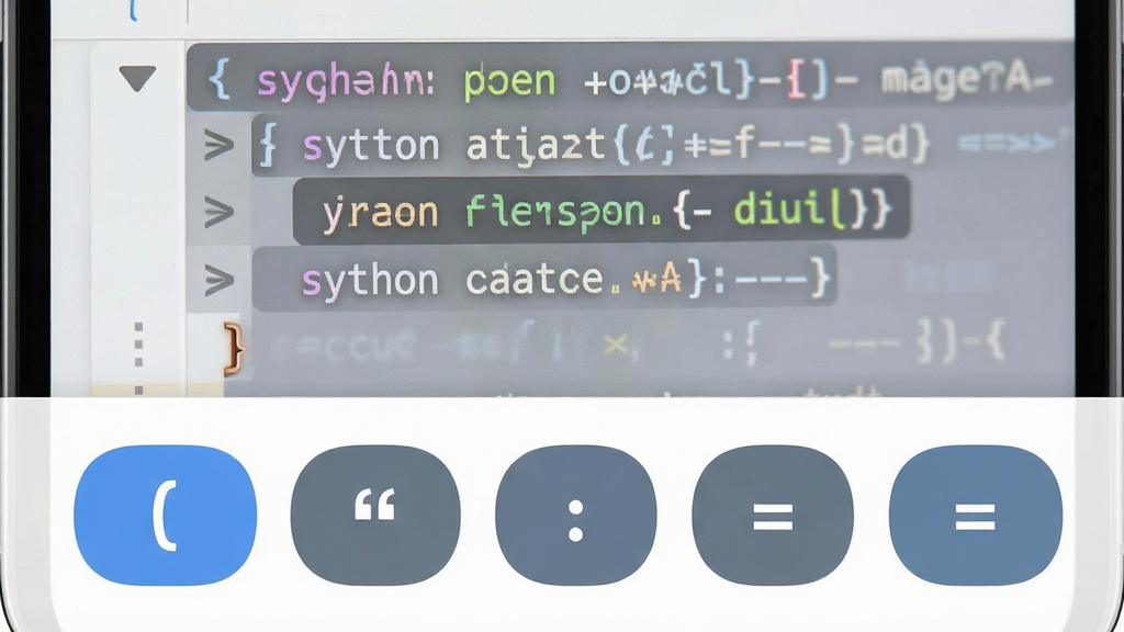 һ��չʾPython����������༭�������ܵĽ���ͼ������Ϊ�ֻ���Ļ����Ļ�·���ʾһ�ų��÷��ſ�ݰ�ť���������š����š�ð�š��Ⱥŵȣ��Ϸ���������ʾ�۵���Ĵ����ṹ������Ϊ���½ṹ���Ű����������Ϊ�ƶ���Ӧ�ù���չʾ��ϸ�ڰ�����ťԲ����ơ������۵���ǡ������ؼ��ʡ����ʸɾ��������޶���װ��Ԫ�ء�