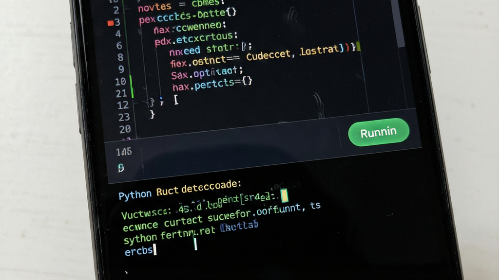 һ��չʾPython����������༭�����н��ͬ����ʾ�Ľ���ͼ������Ϊ�ֻ���Ļ��д���ϰ벿��Ϊ��ɫ�﷨�����Ĵ���༭�����°벿��Ϊ��ɫ�������ն����������ʾ���гɹ�����ʾ��Ϣ���������·������Ű���պ��������Ϊ�ƶ��˱�̹���ʵ�ĸУ�ϸ�ڰ��������˸���кű�ʶ�����а�ť��������������������ɾ����ࡣ