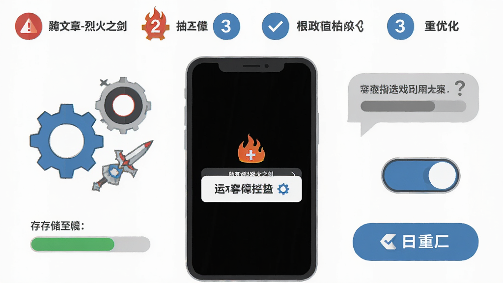 画面主体为手机游戏运行故障排查示意图,布局为中央手机屏幕展示黑屏与闪退提示图标,四周环绕设置齿轮、存储空间进度条、权限开关与重启按钮,排版上方为排查步骤编号,风格为扁平化科技插画,细节包括