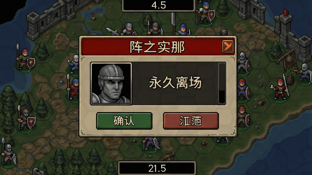 画面主体为战棋游戏角色阵亡提示界面,布局为中央警示弹窗,四周为战场地图残影,排版上方为红色警示标题,风格为复古战棋游戏UI,细节包括角色头像变灰、
