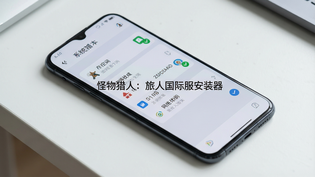 一部智能手机平放在桌面上,屏幕显示设备检测界面,界面上有系统版本、存储空间、网络状态等图标,每个图标旁有绿色对勾标记,背景为浅灰色极简风格,画面中央突出“怪物猎人:旅人国际服安装器”的检测完成提示,布局清晰,风格简洁明快,画质高清,干净无杂物