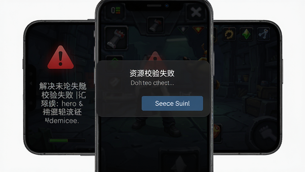 手机屏幕显示安装器错误提示弹窗,弹窗内容为资源校验失败与重试按钮,背景为深色游戏风格界面,画面一侧有红色警示图标与解决步骤文字说明,布局简洁明了,风格为实用教程插图,细节清晰,画质干净,无多余装饰