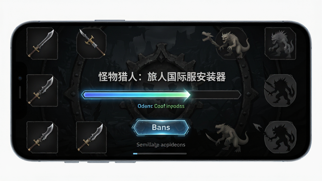 画面主体为一款手机屏幕,屏幕中央显示游戏安装进度条与“怪物猎人:旅人国际服安装器”字样,界面采用深色狩猎风格背景,周围环绕着游戏中的武器图标与怪物剪影元素,整体布局居中对称,风格为现代科技感与游戏UI结合,细节包括进度条光效、按钮高亮、资源校验状态提示,画质清晰锐利,干净整洁,无多余元素
