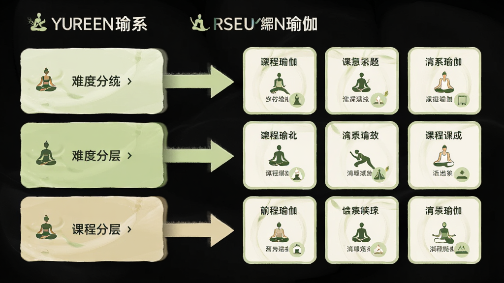 围绕“YUREN瑜伽”分层课程体系绘制一张信息结构示意图,画面左侧为难度分层标签,右侧为课程主题卡片阵列,中间用引导箭头串联,整体采用浅绿色与米白色搭配的清新风格,布局规整,文字标签清晰,细节简洁,画质干净高清