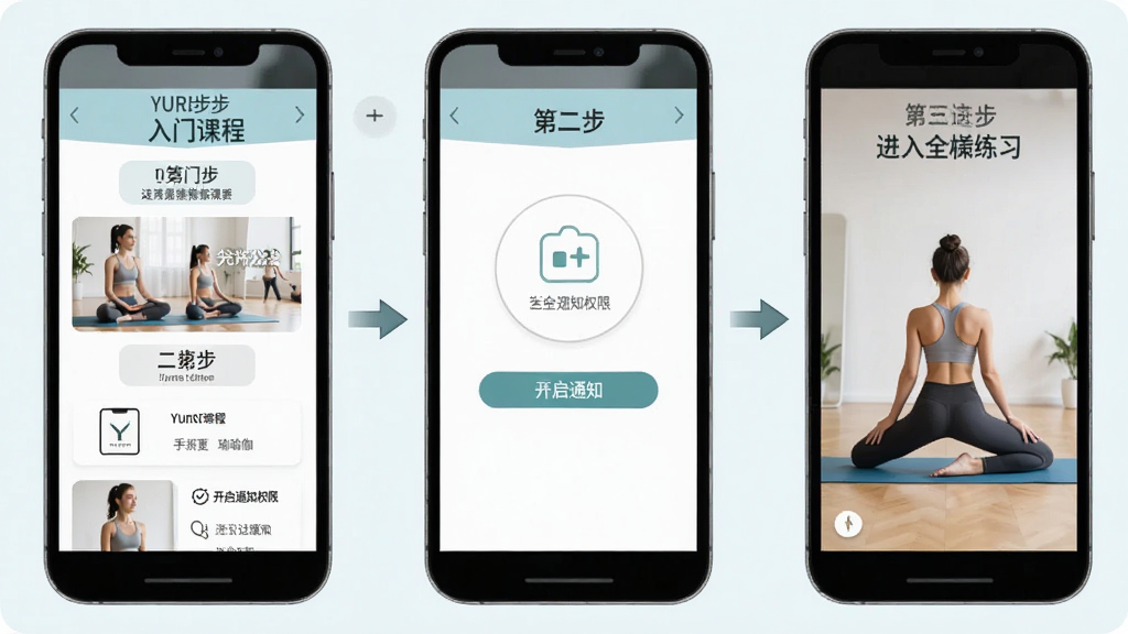 一张“YUREN瑜伽”移动端上手操作示意图,画面为手机界面分步展示:第一步选择入门课程,第二步开启通知权限,第三步进入全屏练习,三个手机屏幕并排排列并用箭头连接,整体为浅色背景,扁平化风格,布局整齐,文字标签清晰,细节干净,画质高清