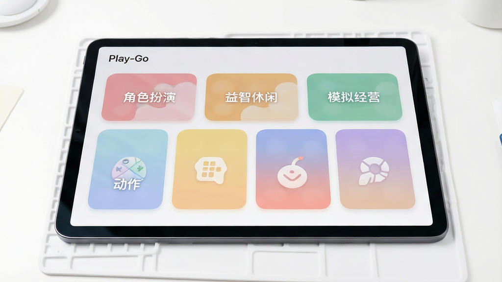 һ��չʾPlay-Go���ർ�������ʾ��ͼ������Ϊһ����ŵ�ƽ���豸����Ļ����ʾ�����ɫ���࿨Ƭ�������У���Ƭ�Ϸֱ��ע����ɫ���ݡ����������С���ģ�⾭Ӫ��������ð�ա�����������Ƭ����Բ����ƣ���ɫ��ͣ�����Ϊ�ɾ��İ�ɫ����̨�棬�����������ȣ���ͼƽ�ȣ�����������������Ԫ��