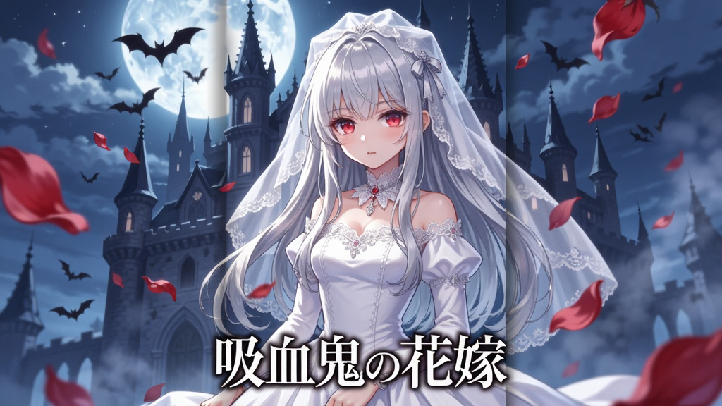 画面中央是一位身穿白色婚纱的日系动漫少女,背景是月光下的哥特式城堡与飘落的红色玫瑰花瓣,整体布局为竖版手机游戏封面构图,风格为日系幻想插画,细节包括少女银白色长发、红色眼眸、城堡尖顶与蝙蝠剪影,画质高清,画面干净,无多余元素,图片下方写有文字