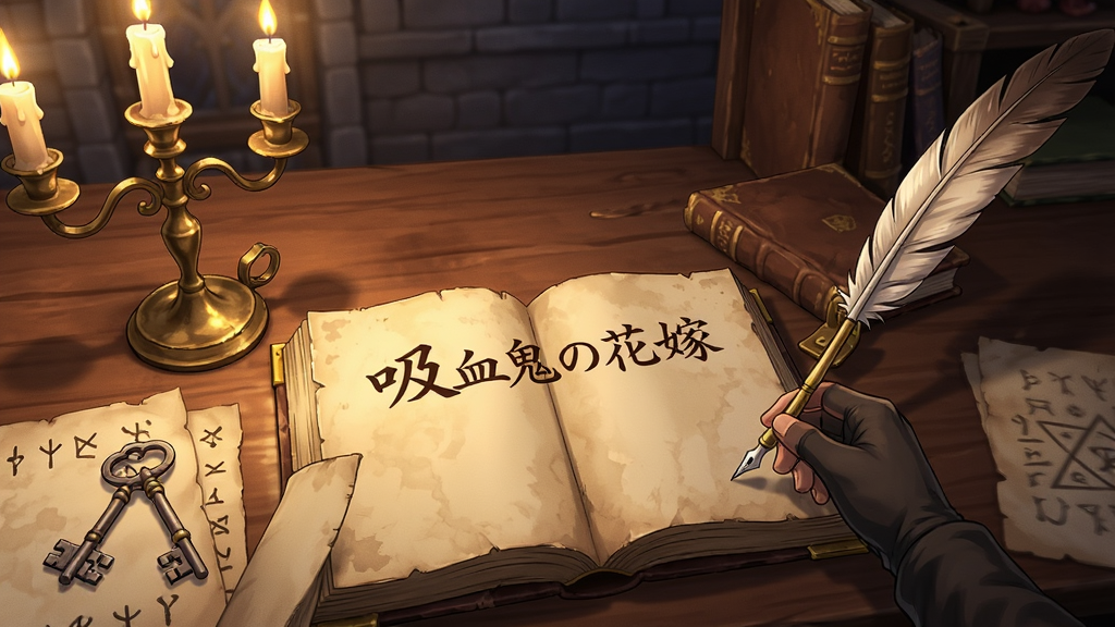 画面为日系动漫风格的古堡书房场景,布局为第一人称视角的书桌特写,风格为解谜探索类插画,细节包括摊开的古老书籍、羽毛笔、烛台、钥匙与神秘符号,画质高清,画面干净,无多余元素,书页上写有