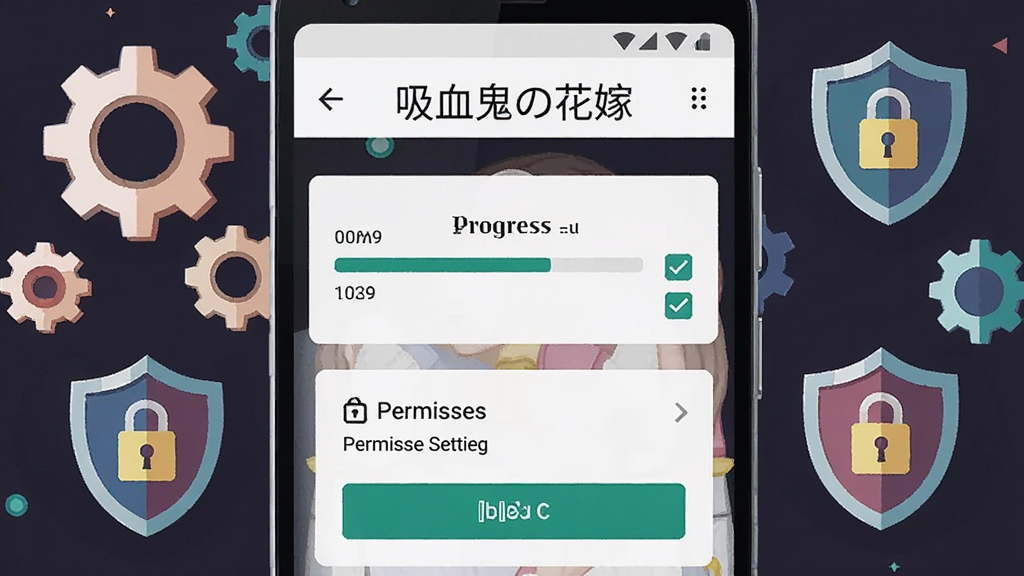 画面为一部安卓手机屏幕特写,屏幕上显示游戏安装进度条与权限设置界面,布局为手机居中、周围环绕齿轮与盾牌图标,风格为扁平化科技插画,细节包括进度条、勾选按钮与安全锁标志,画质清晰,画面干净,无多余元素,屏幕上方写有