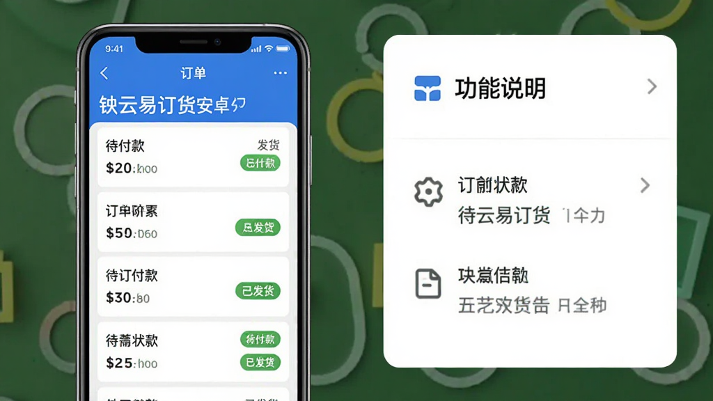 铱云易订货安卓版订单管理界面预览图,主体为手机屏幕展示订单列表与状态标签,布局为左侧手机右侧功能说明卡片,排版清晰,风格简约商务,细节包含待付款已发货等状态,画质清晰干净无多余元素